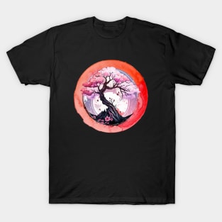 Japanese Orange Pink Cherry Blossom Art T-Shirt